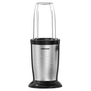 Blender with brushed stainless steel base and tall clear blending jar.