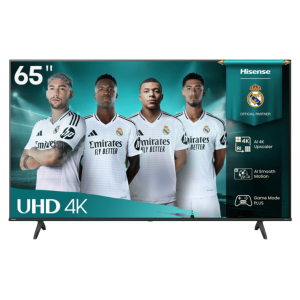 65-inch Hisense UHD 4K TV featuring Real Madrid players and club branding on a teal backdrop