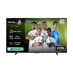 65-inch Hisense TV showing a Real Madrid wallpaper with players; features QLED Colour, AI 4K Upscaler, AI Smooth Motion (2025 model)