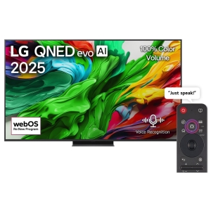 LG QNED evo AI 2025 TV with a colorful abstract wallpaper, '100% Color Volume' label, and a remote on the right side.