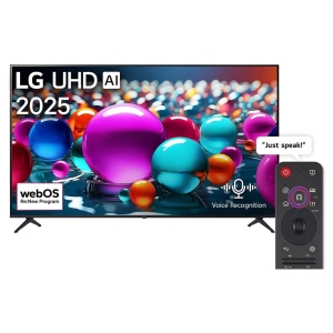 LG UHD AI 2025 smart TV with colorful bubbles on screen and a remote, highlighting Voice Recognition and the 'Just speak!' prompt.