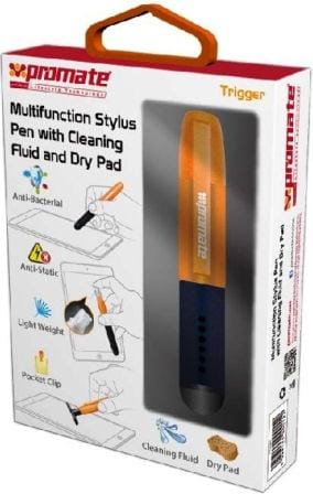 6959144000152 - Computech-Solutions Box packaging for Promate Multifunction Stylus Pen with Cleaning Fluid and Dry Pad; orange stylus visible through window