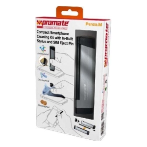 Packaging for Promate Compact Smartphone Cleaning Kit, showing cleaning tools and a built-in stylus with SIM eject pin.