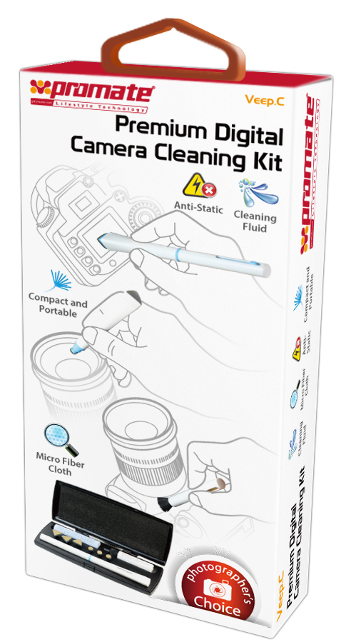 6959144000213 - Computech-Solutions Box for Promate Premium Digital Camera Cleaning Kit with cleaning tools, fluid, and microfiber accessories illustrated on packaging.