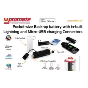 Pocket-size backup battery with built-in Lightning and Micro-USB connectors for iPhone, iPod, and Android devices, shown with charging cables and adapters.