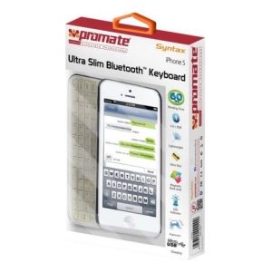 Promate Ultra Slim Bluetooth Keyboard packaging featuring a white iPhone displaying the on-screen keyboard; orange carrying handle visible on red box edge.