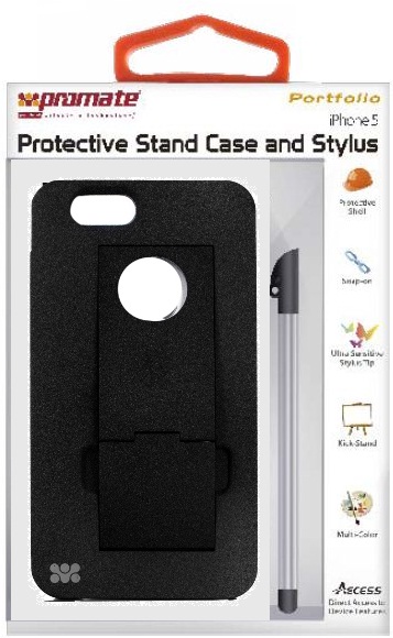 6959144000381 - Computech-Solutions Packaging for a protective stand case and stylus for iPhone 5, showing a black case with built-in stand and a silver stylus on the right.