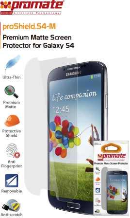 6959144000480 - Computech-Solutions Premium Matte Screen Protector for Galaxy S4 with packaging and Samsung Galaxy S4 display shown; features icons list Ultra-Thin, Premium Matte, Protective Shield, Anti-Fingerprint, Removable, Anti-scratch.