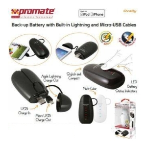 Collage of Promate back-up batteries with built-in Lightning and Micro-USB cables, showing USB ports, charging cables, and indicator LEDs in multiple colors and sizes