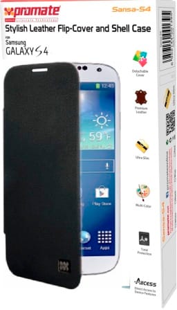 6959144001418 - Computech-Solutions Packaging for a stylish leather flip-cover and shell case for Samsung Galaxy S4, shown with the phone inside the case.