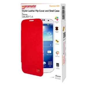 Red flip-cover leather case for Samsung Galaxy S4 (Promate Sansa-S4), shown on packaging front in red with phone image.