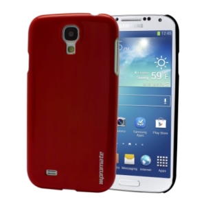 Red protective silicone case on a white Samsung Galaxy S4, rear camera cutout visible.