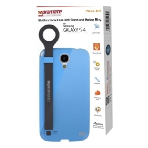 Blue Samsung Galaxy S4 protective case with built-in kickstand and rear ring, displayed in packaging.