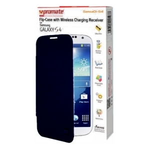 Boxed flip-case with wireless charging receiver for Samsung Galaxy S4; white Galaxy S4 shown with blue flip cover