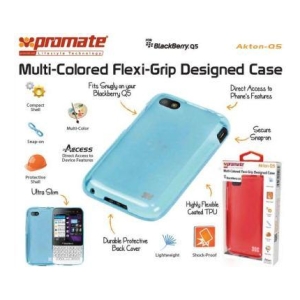 Blue multi-color flexi-grip case for BlackBerry Q5, highlighting slim profile, durable back cover, and direct access to ports and features.