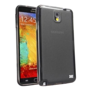 Two Samsung Galaxy smartphones in black protective cases, one showing the screen with colorful wallpaper and time, the other showing the back side.
