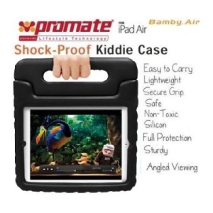 Shock-Proof Kiddie Case for iPad Air with a built-in handle; rugged black case offering secure grip and angled viewing.