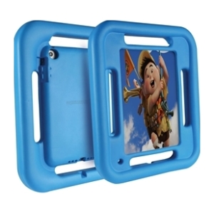 Blue plastic, double-sided children's picture frame with a photo of a smiling boy playing a trumpet, shown open with handles on each side.