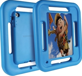 6959144003764 - Computech-Solutions Blue plastic, double-sided children's picture frame with a photo of a smiling boy playing a trumpet, shown open with handles on each side.