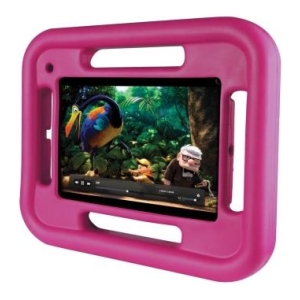 Pink rugged tablet case with built-in handles surrounding a tablet displaying a kids' film in a jungle scene.