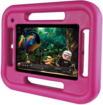 6959144003788 - Computech-Solutions Pink rugged tablet case with built-in handles surrounding a tablet displaying a kids' film in a jungle scene.