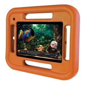 Tablet in an orange protective case with built-in handles, playing a colorful jungle cartoon video for kids.