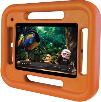 6959144003795 - Computech-Solutions Tablet in an orange protective case with built-in handles, playing a colorful jungle cartoon video for kids.