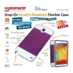 Purple snap-on flexible case for Samsung Galaxy Note 3, highlighting scratch resistance and full-access design on an infographic-style package.