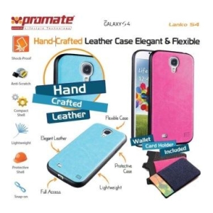 Ad for hand-crafted leather Galaxy S4 case; blue and pink leather cases shown with wallet accessories and labels like protective shell and full access.