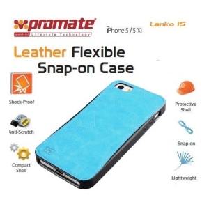 Blue leather snap-on case for iPhone 5/5S, showing a protective, lightweight shell with shock-proof and anti-scratch features
