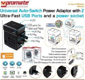 6959144004945 - Computech-Solutions Promate universal auto-switch power adapter with dual USB ports and interchangeable US/UK/EU/AU plugs for charging devices on the go.