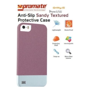 Anti-slip sandy-textured protective case for iPhone 5/5S (purple with light-blue bottom); lightweight, shock-proof, interchangeable shell, snap-on, with micro-fiber interior.