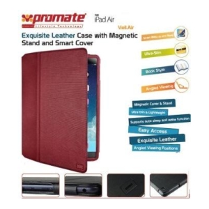 Exquisite red leather iPad case with magnetic stand and smart cover; shows multiple viewing angles and slim profile