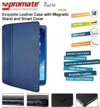 6959144006291 ComputechSolutions Blue leather-style iPad Air case with magnetic stand and smart cover, shown open on the left; features include ultra-slim, book-style, angled viewing positions, easy access and exquisite leather.