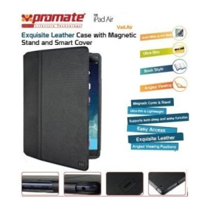 Leather folio case for iPad Air with magnetic stand and smart cover, shown open in black leather.