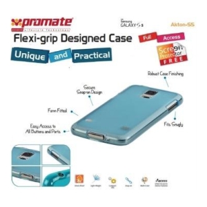 Blue Flexi-grip Galaxy S5 case with labeled features: secure snap-on design, easy button access, snug fit, and free screen protector.