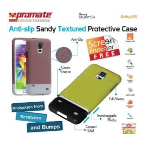 Anti-slip sandy-textured protective case for Samsung Galaxy S5 in lime green; highlights secure snap-on, full access, and scratch/bump protection.