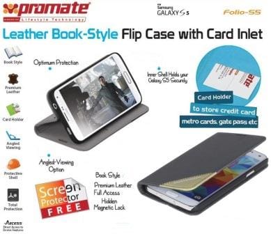 6959144009544 - Computech-Solutions Leather book-style flip case for Galaxy S5 with card inlet and stand feature, shown with phone inside the case and card holder visuals on the side panel.