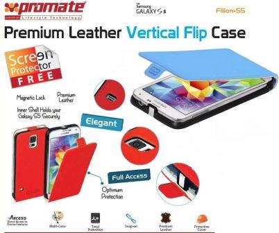 6959144009612 - Computech-Solutions Premium Leather Vertical Flip Case for Samsung Galaxy S5; red back cover with blue flip, showing full access and magnetic lock features with a free screen protector.