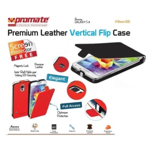 Promate Premium Leather Vertical Flip Case for Samsung Galaxy S5, showing red inner cover and magnetic lock.