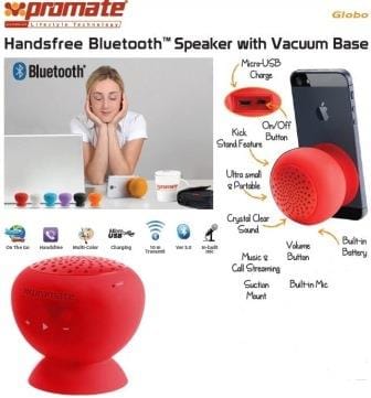 6959144010007 - Computech-Solutions Red Bluetooth speaker with vacuum base and stand-alone ball design, shown with a smartphone and user at a laptop, highlighting hands-free use.