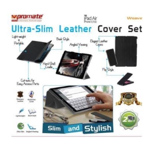 6959144010533 - Computech-Solutions Collage of Ultra-Slim Leather iPad Air cover set showing lightweight, book-style design with angled viewing and easy-access ports.