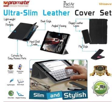 6959144010533 ComputechSolutions Collage of Ultra-Slim Leather iPad Air cover set showing lightweight, book-style design with angled viewing and easy-access ports.