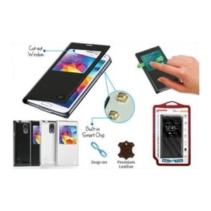 Infographic of a smartphone with a built‑in smart chip, snap‑on leather case, cut‑out window, and hand using a device accessory; shows multiple color options.