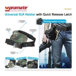 6959144012155 - Computech-Solutions Promate Universal SLR Holster packaging showing a camo belt holster with a quick-release latch and labeled features.