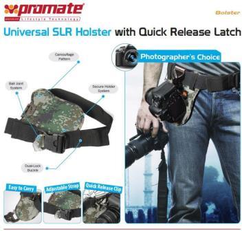 6959144012155 - Computech-Solutions Promate Universal SLR Holster packaging showing a camo belt holster with a quick-release latch and labeled features.