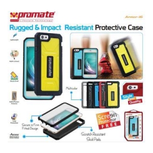 Collage of Promate rugged protective phone cases in yellow/black, blue, and red, highlighting multilayer protection, screen protector, and durable design.