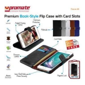 Advert image of a Premium Book-Style Flip Case with card slots for a smartphone, open to show card slots and stand feature in multiple colors.