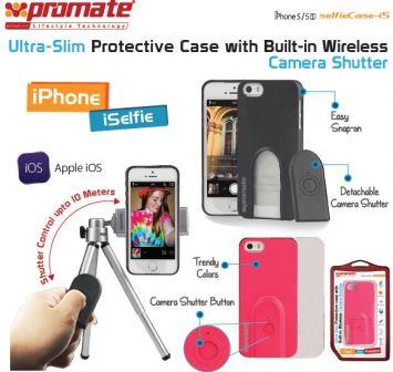 6959144014203 - Computech-Solutions Promate ultra-slim protective case with built-in wireless camera shutter, shown with iPhone, tripod, and remote button collage.