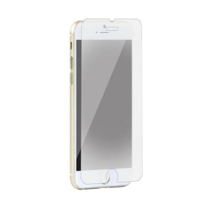 Gold iPhone with a clear screen protector applied, shown from a slight front-facing angle.